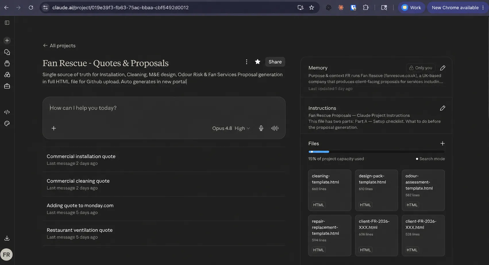Claude AI project dashboard showing Fan Rescue Quotes and Proposals project with HTML proposal templates and conversation history for commercial quotes