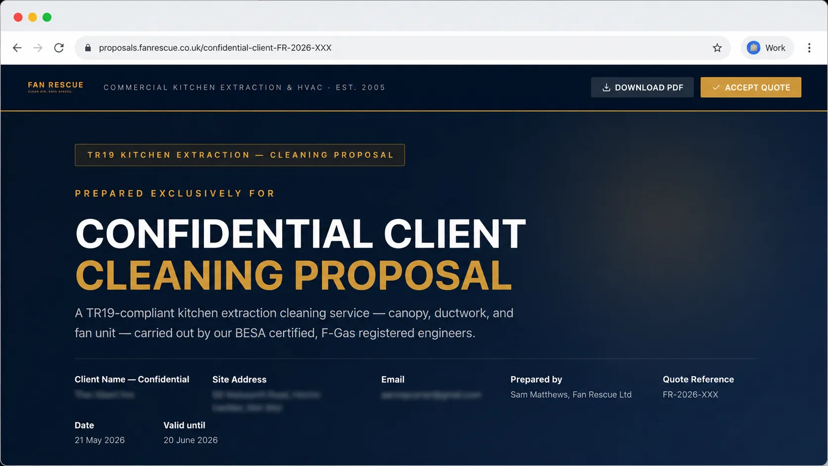 Live branded client proposal page deployed automatically to Cloudflare Pages — confidential client cleaning proposal with Download PDF and Accept Quote actions