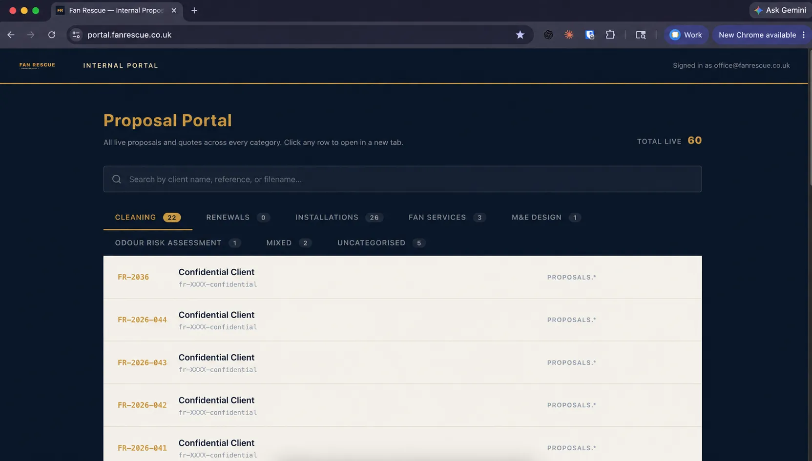 Internal proposal portal dashboard showing 60 live proposals categorised by type — Cleaning, Installations, Fan Services, M&E Design — with search functionality