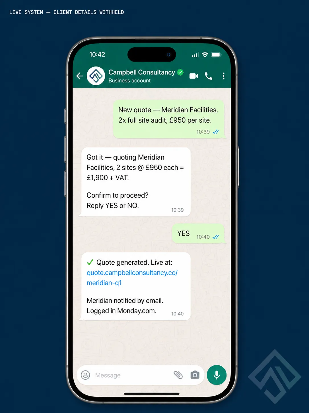 WhatsApp Business conversation showing automated proposal trigger — job details sent by sales person, bot confirms and returns live proposal URL
