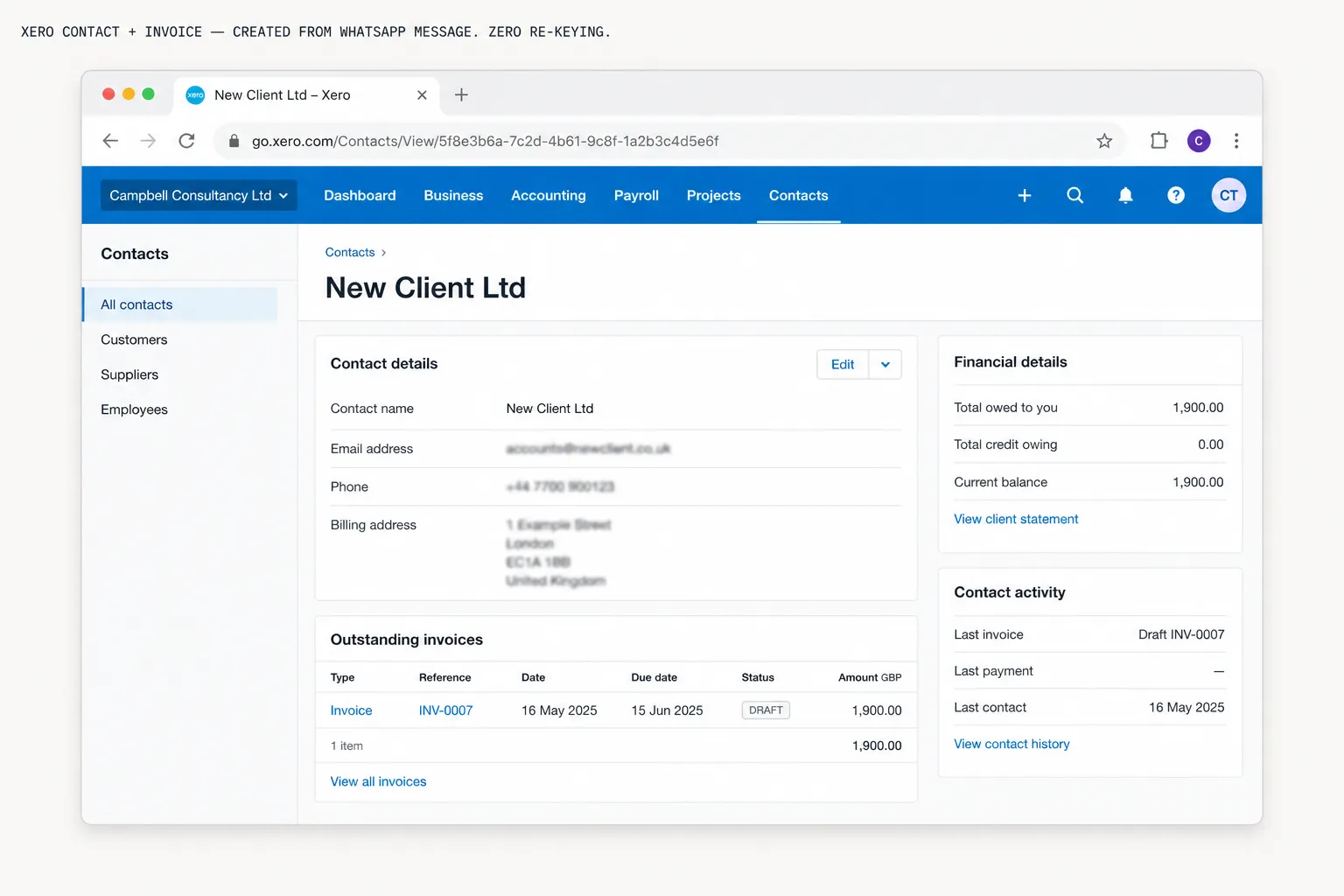 Xero contact record and invoice created automatically from WhatsApp message data — zero manual re-keying of client details