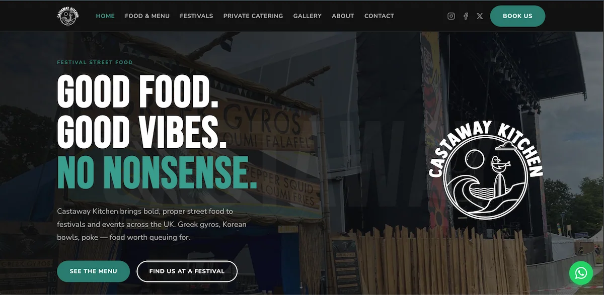 Castaway Kitchen website homepage — festival street food catering